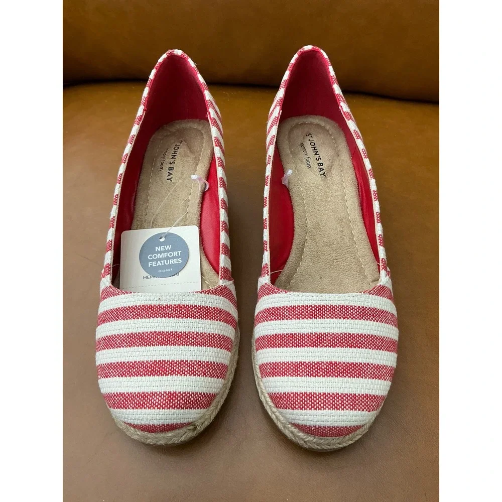 St. John's Bay Botanic Espadrille Wedge Womens 6 Red New Striped Memory Foam